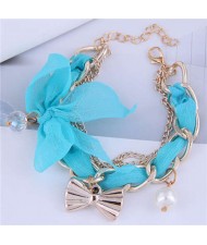 Korean Fashion Beads and Golden Bowknot Pendants Lace and Alloy Chain Mixed Women Bracelet - Blue