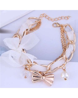 Korean Fashion Beads and Golden Bowknot Pendants Lace and Alloy Chain Mixed Women Bracelet - White