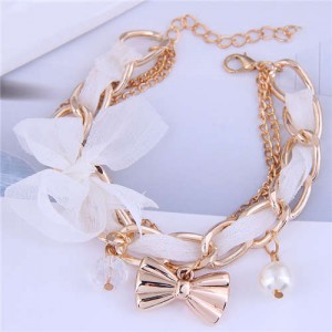 Korean Fashion Beads and Golden Bowknot Pendants Lace and Alloy Chain Mixed Women Bracelet - White