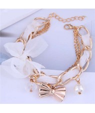 Korean Fashion Beads and Golden Bowknot Pendants Lace and Alloy Chain Mixed Women Bracelet - White