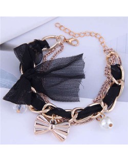 Korean Fashion Beads and Golden Bowknot Pendants Lace and Alloy Chain Mixed Women Bracelet - Black