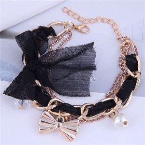 Korean Fashion Beads and Golden Bowknot Pendants Lace and Alloy Chain Mixed Women Bracelet - Black