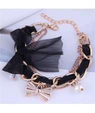 Korean Fashion Beads and Golden Bowknot Pendants Lace and Alloy Chain Mixed Women Bracelet - Black