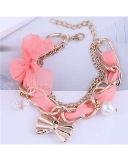 Korean Fashion Beads and Golden Bowknot Pendants Lace and Alloy Chain Mixed Women Bracelet - Pink