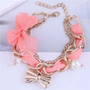 Korean Fashion Beads and Golden Bowknot Pendants Lace and Alloy Chain Mixed Women Bracelet - Pink