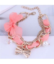 Korean Fashion Beads and Golden Bowknot Pendants Lace and Alloy Chain Mixed Women Bracelet - Pink