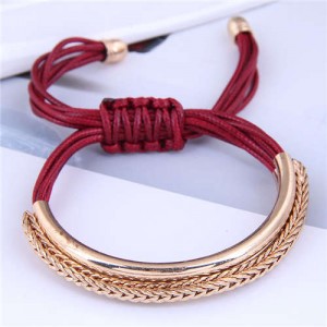 Golden Chains Decoration High Fashion Wax Rope Women Bracelet - Red