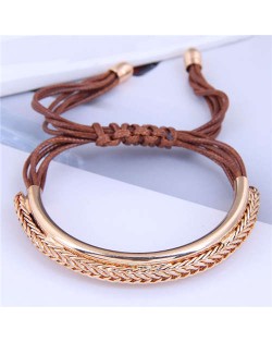 Golden Chains Decoration High Fashion Wax Rope Women Bracelet - Brown