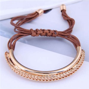 Golden Chains Decoration High Fashion Wax Rope Women Bracelet - Brown