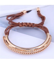 Golden Chains Decoration High Fashion Wax Rope Women Bracelet - Brown