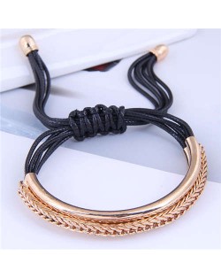 Golden Chains Decoration High Fashion Wax Rope Women Bracelet - Black