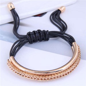 Golden Chains Decoration High Fashion Wax Rope Women Bracelet - Black