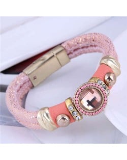 Rhinestone and Gems Embellished Folk Fashion Women Leather Magnetic Bracelet - Pink