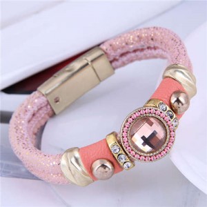 Rhinestone and Gems Embellished Folk Fashion Women Leather Magnetic Bracelet - Pink