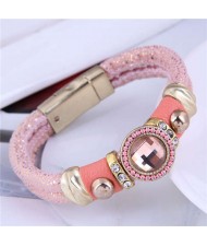 Rhinestone and Gems Embellished Folk Fashion Women Leather Magnetic Bracelet - Pink