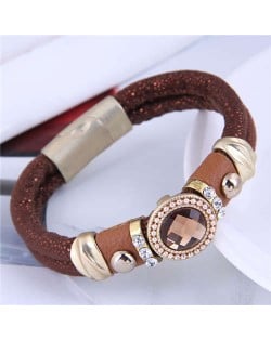 Rhinestone and Gems Embellished Folk Fashion Women Leather Magnetic Bracelet - Wine Red