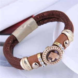 Rhinestone and Gems Embellished Folk Fashion Women Leather Magnetic Bracelet - Wine Red