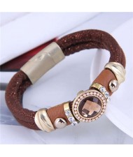 Rhinestone and Gems Embellished Folk Fashion Women Leather Magnetic Bracelet - Wine Red