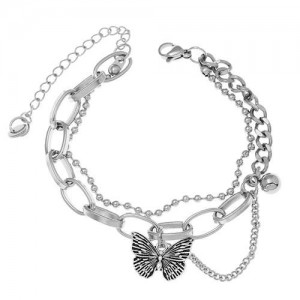 Vintage Butterfly Pendant Multi-layer Chains Hip-hop Fashion Women Bracelet