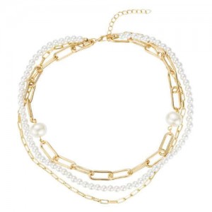 Graceful Pearl and Chain Mixed High Fashion Women Costume Necklace - Golden