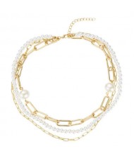 Graceful Pearl and Chain Mixed High Fashion Women Costume Necklace - Golden