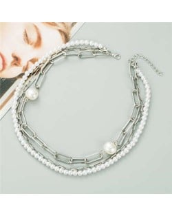 Graceful Pearl and Chain Mixed High Fashion Women Costume Necklace - Silver