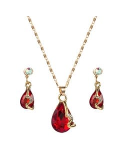 Rhinestone Embellished Elegant Waterdrops Design 2pcs Women Costume Necklace and Earrings Jewelry Set - Red