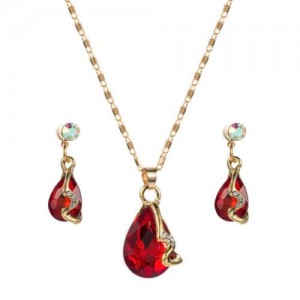 Rhinestone Embellished Elegant Waterdrops Design 2pcs Women Costume Necklace and Earrings Jewelry Set - Red