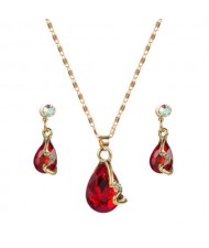 Rhinestone Embellished Elegant Waterdrops Design 2pcs Women Costume Necklace and Earrings Jewelry Set - Red