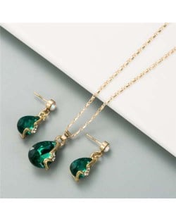 Rhinestone Embellished Elegant Waterdrops Design 2pcs Women Costume Necklace and Earrings Jewelry Set - Green