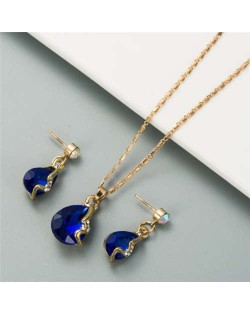 Rhinestone Embellished Elegant Waterdrops Design 2pcs Women Costume Necklace and Earrings Jewelry Set - Blue