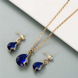 Rhinestone Embellished Elegant Waterdrops Design 2pcs Women Costume Necklace and Earrings Jewelry Set - Blue