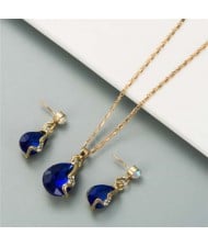 Rhinestone Embellished Elegant Waterdrops Design 2pcs Women Costume Necklace and Earrings Jewelry Set - Blue