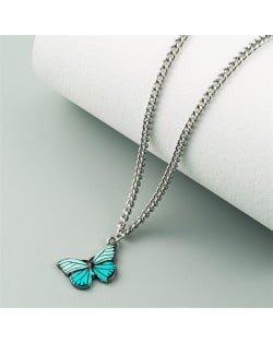 Oil-spot Glazed Vivid Butterfly Pendant Chain Fashion Women Statement Necklace - Lake Blue