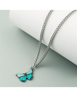 Oil-spot Glazed Vivid Butterfly Pendant Chain Fashion Women Statement Necklace - Lake Blue