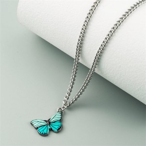 Oil-spot Glazed Vivid Butterfly Pendant Chain Fashion Women Statement Necklace - Lake Blue