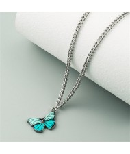 Oil-spot Glazed Vivid Butterfly Pendant Chain Fashion Women Statement Necklace - Lake Blue