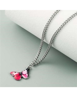 Oil-spot Glazed Vivid Butterfly Pendant Chain Fashion Women Statement Necklace - Rose