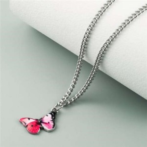 Oil-spot Glazed Vivid Butterfly Pendant Chain Fashion Women Statement Necklace - Rose