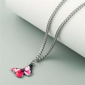 Oil-spot Glazed Vivid Butterfly Pendant Chain Fashion Women Statement Necklace - Rose