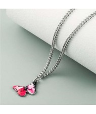 Oil-spot Glazed Vivid Butterfly Pendant Chain Fashion Women Statement Necklace - Rose