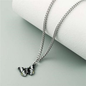 Oil-spot Glazed Vivid Butterfly Pendant Chain Fashion Women Statement Necklace - Black and White