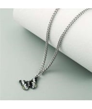 Oil-spot Glazed Vivid Butterfly Pendant Chain Fashion Women Statement Necklace - Black and White