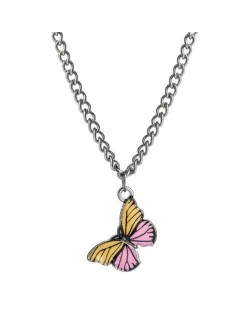 Oil-spot Glazed Vivid Butterfly Pendant Chain Fashion Women Statement Necklace - Yellow and Pink