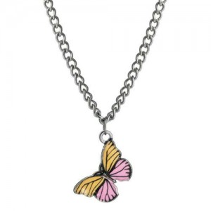 Oil-spot Glazed Vivid Butterfly Pendant Chain Fashion Women Statement Necklace - Yellow and Pink