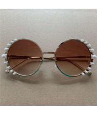 Pearls Decorated Vintage Round Frame High Fashion Women Sunglasses