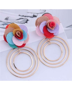 Cloth Rose Golden Hoops Design Women Fashion Hoop Alloy Earrings - Multicolor