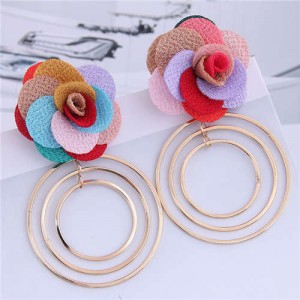 Cloth Rose Golden Hoops Design Women Fashion Hoop Alloy Earrings - Multicolor