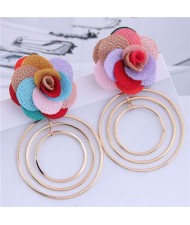 Cloth Rose Golden Hoops Design Women Fashion Hoop Alloy Earrings - Multicolor