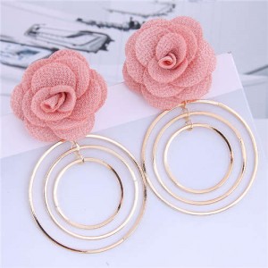 Cloth Rose Golden Hoops Design Women Fashion Hoop Alloy Earrings - Pink